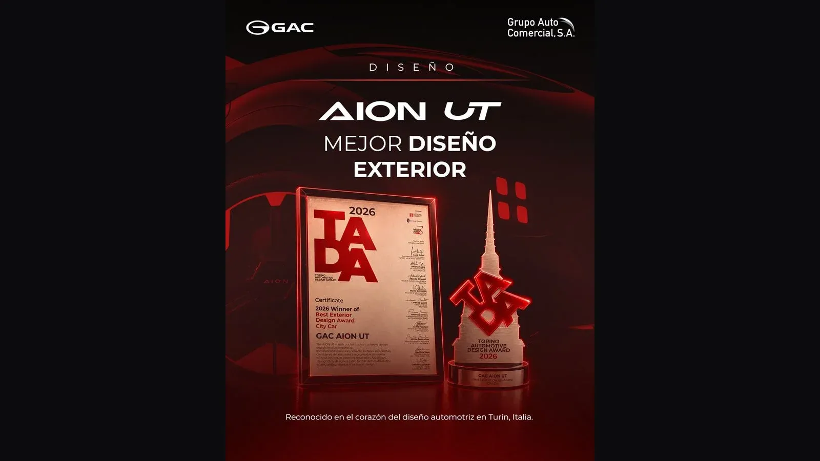 Certificado y trofeo del Torino Automotive Design Award 2026 al GAC AION UT