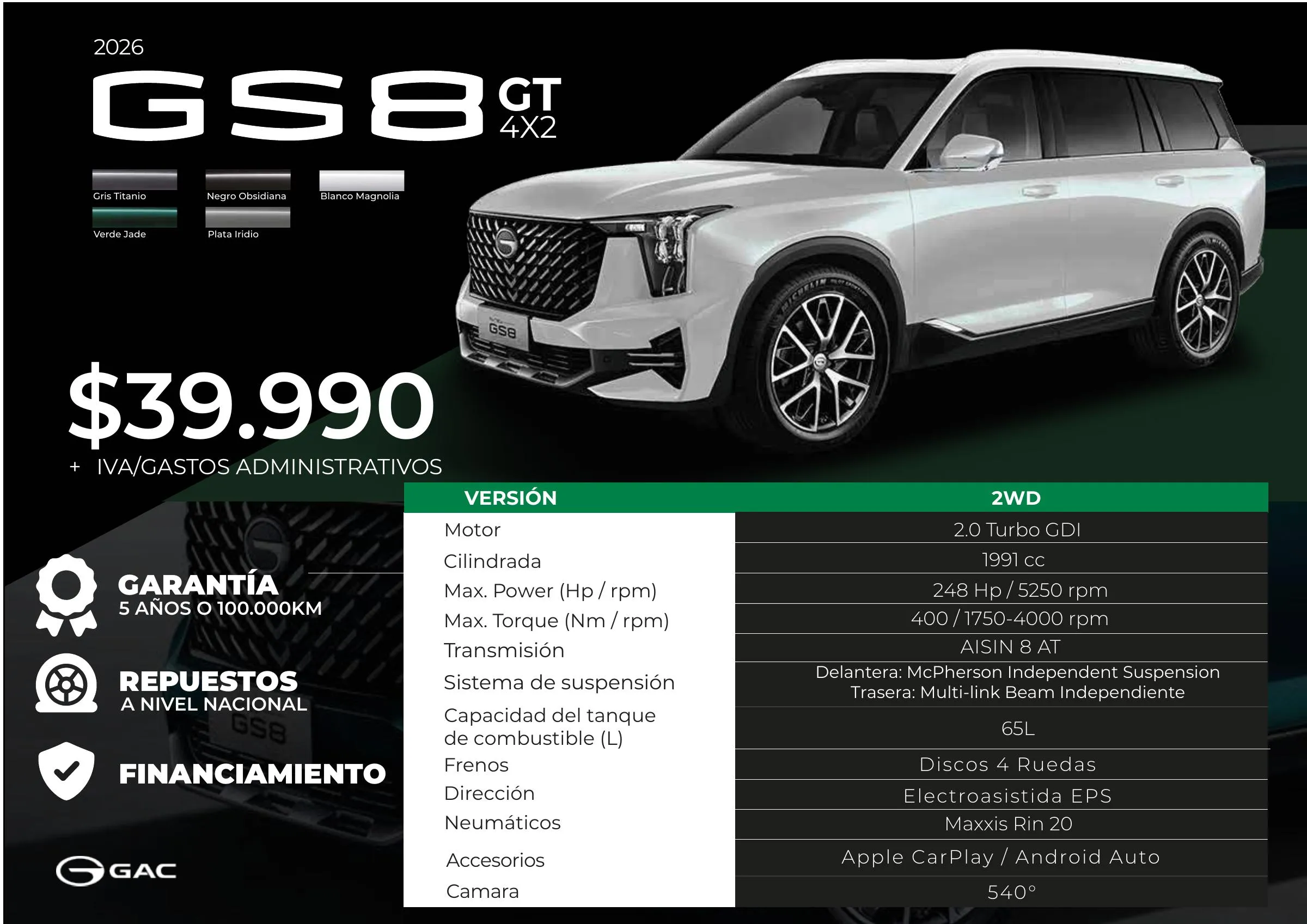 GAC GS8 GT 4X2 (2WD) 2026, desde 39.990 USD + IVA y gastos administrativos. Motor 2.0 Turbo GDI de 248 HP y 400 Nm, caja AISIN de 8 velocidades, rin 20 y cámara 540°. Garantía de 5 años o 100.000 km.