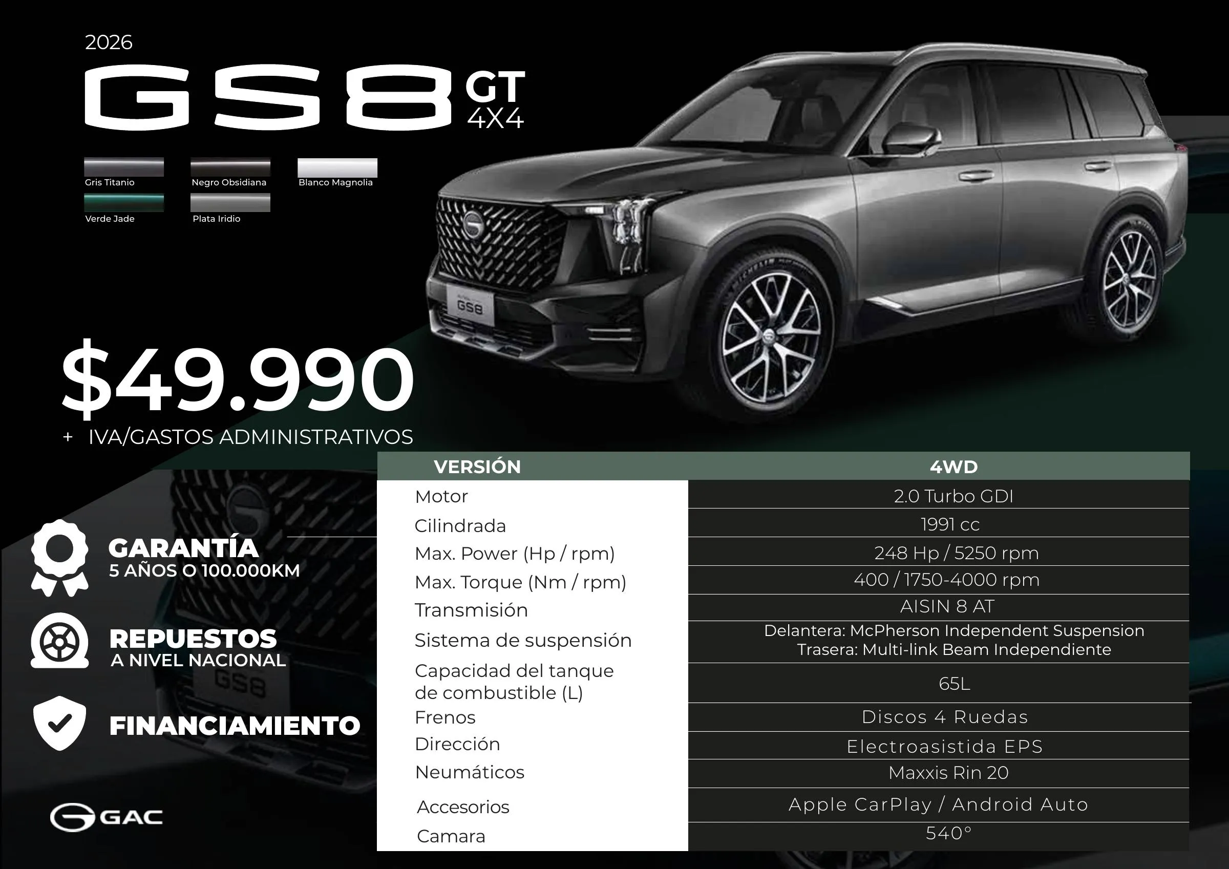 GAC GS8 GT 4WD 2026, desde 49.990 USD + IVA y gastos administrativos. Motor 2.0 Turbo GDI de 248 HP y 400 Nm, caja AISIN de 8 velocidades, rin 20 y cámara 540°. Garantía de 5 años o 100.000 km.