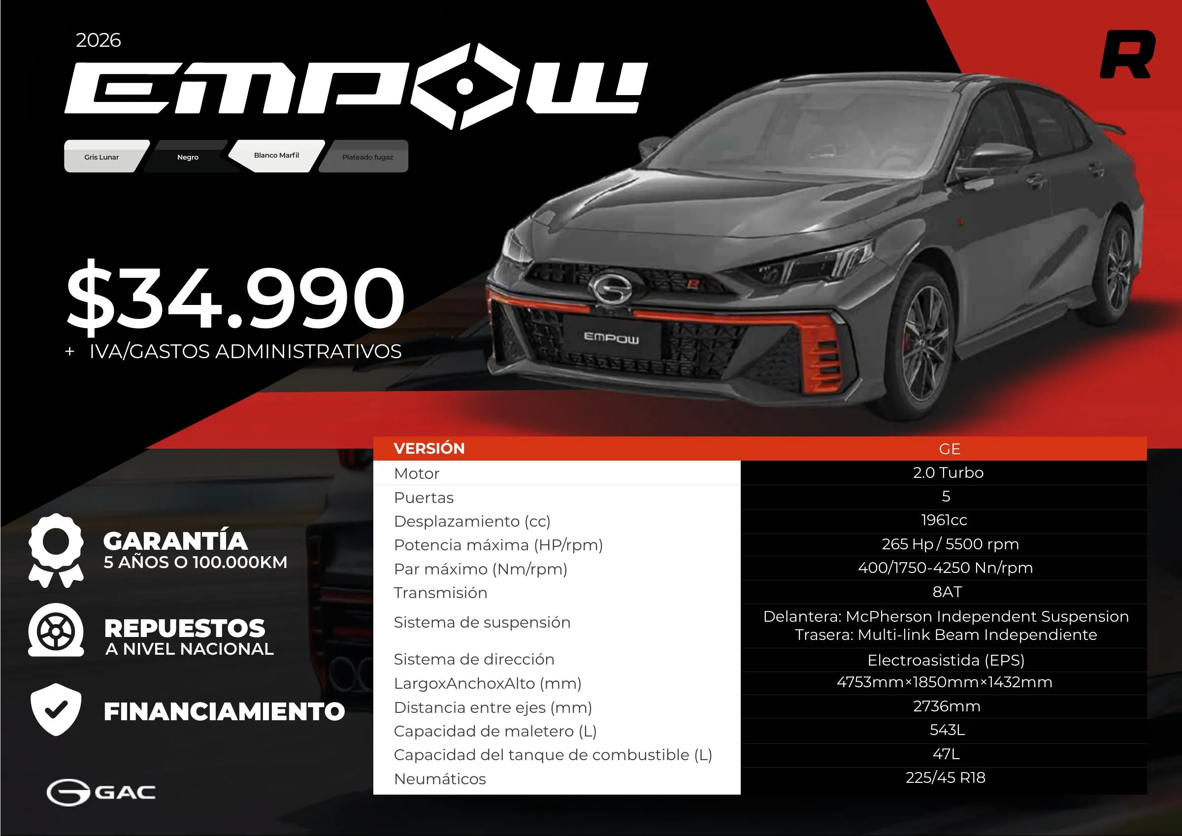 GAC EMPOW R 2026, desde 34.990 USD + IVA y gastos administrativos. Motor 2.0 Turbo de 265 HP y 400 Nm, caja automática de 8 velocidades, maletero de 543 litros. Garantía de 5 años o 100.000 km.